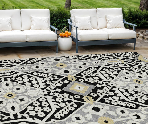 8' X 10' Black Gray And Gold Floral Washable Indoor Outdoor Area Rug