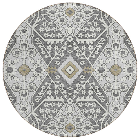 8' Charcoal Gray And Taupe Round Floral Washable Indoor Outdoor Area Rug