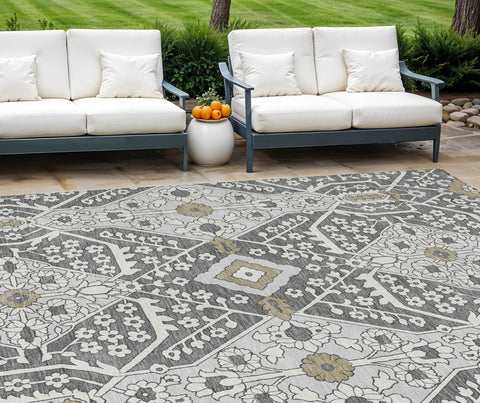 8' X 10' Charcoal Gray And Taupe Floral Washable Indoor Outdoor Area Rug