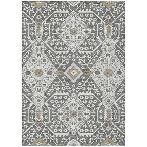8' X 10' Charcoal Gray And Taupe Floral Washable Indoor Outdoor Area Rug