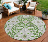 8' Green Gray And Taupe Round Floral Washable Indoor Outdoor Area Rug