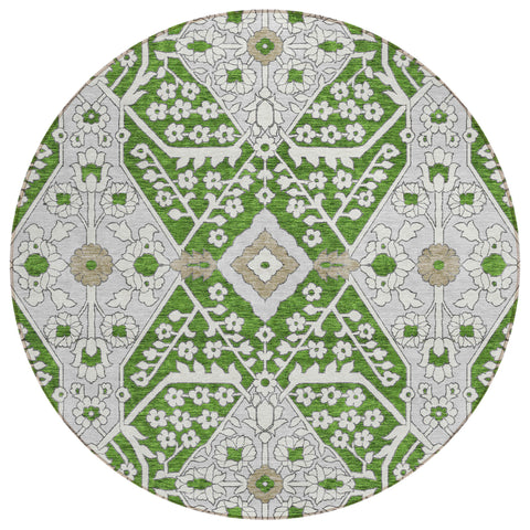 8' Green Gray And Taupe Round Floral Washable Indoor Outdoor Area Rug