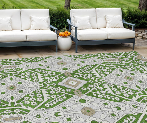 8' X 10' Green Gray And Taupe Floral Washable Indoor Outdoor Area Rug