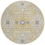 8' Gold Ivory And Gray Round Floral Washable Indoor Outdoor Area Rug