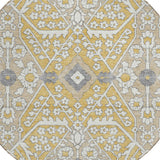 8' Gold Ivory And Gray Round Floral Washable Indoor Outdoor Area Rug