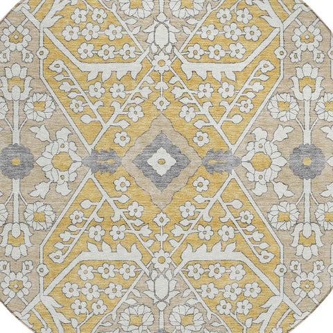 8' Gold Ivory And Gray Round Floral Washable Indoor Outdoor Area Rug