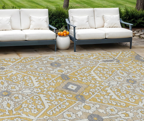 8' X 10' Gold Ivory And Gray Floral Washable Indoor Outdoor Area Rug