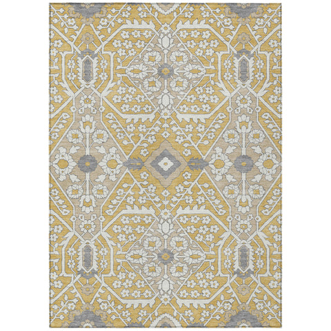 8' X 10' Gold Ivory And Gray Floral Washable Indoor Outdoor Area Rug