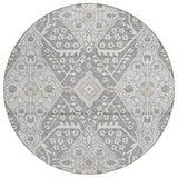 8' Gray Ivory And Silver Round Floral Washable Indoor Outdoor Area Rug