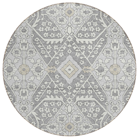 8' Gray Ivory And Silver Round Floral Washable Indoor Outdoor Area Rug
