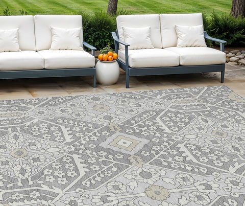 8' X 10' Gray Ivory And Silver Floral Washable Indoor Outdoor Area Rug