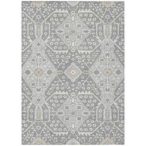 8' X 10' Gray Ivory And Silver Floral Washable Indoor Outdoor Area Rug