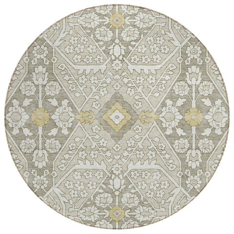 8' Ivory Beige And Gold Round Floral Washable Indoor Outdoor Area Rug