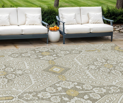 8' X 10' Ivory Beige And Gold Floral Washable Indoor Outdoor Area Rug