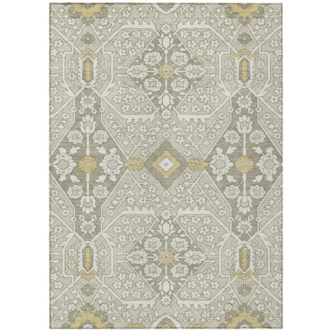 8' X 10' Ivory Beige And Gold Floral Washable Indoor Outdoor Area Rug