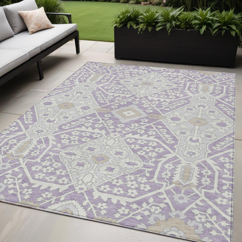 5' X 8' Lavender Gray And Beige Floral Washable Indoor Outdoor Area Rug