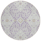 8' Lavender Gray And Beige Round Floral Washable Indoor Outdoor Area Rug