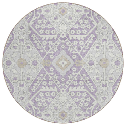 8' Lavender Gray And Beige Round Floral Washable Indoor Outdoor Area Rug