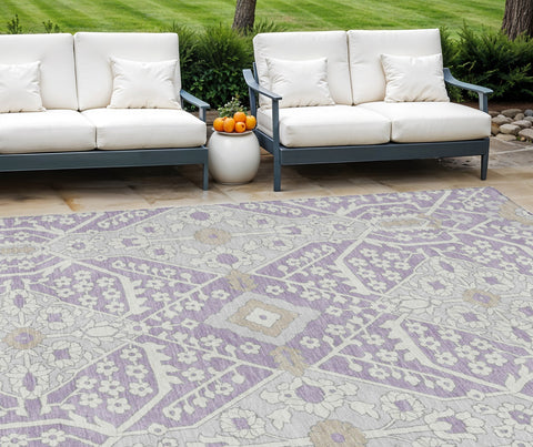 8' X 10' Lavender Gray And Beige Floral Washable Indoor Outdoor Area Rug