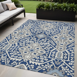 5' X 8' Navy Blue Gray And Ivory Floral Washable Indoor Outdoor Area Rug