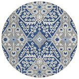8' Navy Blue Gray And Ivory Round Floral Washable Indoor Outdoor Area Rug