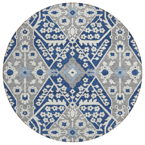 8' Navy Blue Gray And Ivory Round Floral Washable Indoor Outdoor Area Rug