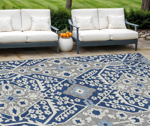8' X 10' Navy Blue Gray And Ivory Floral Washable Indoor Outdoor Area Rug