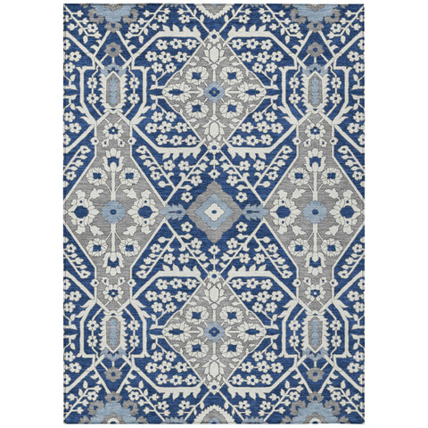 8' X 10' Navy Blue Gray And Ivory Floral Washable Indoor Outdoor Area Rug