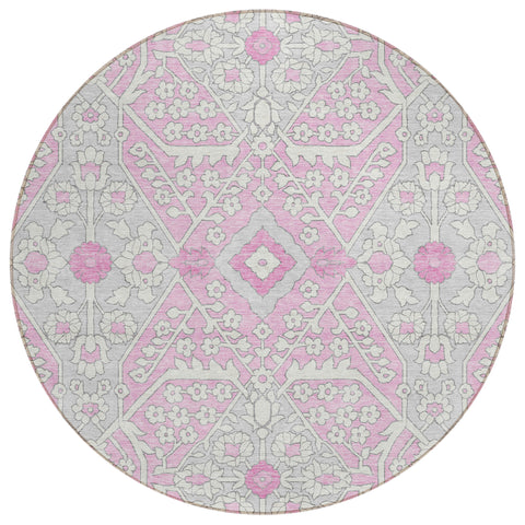 8' Pink Ivory And Gray Round Floral Washable Indoor Outdoor Area Rug
