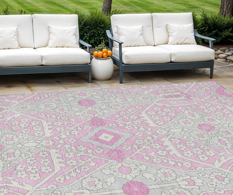 8' X 10' Pink Ivory And Gray Floral Washable Indoor Outdoor Area Rug
