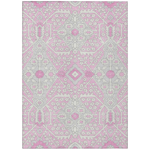 8' X 10' Pink Ivory And Gray Floral Washable Indoor Outdoor Area Rug