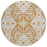 8' Orange Beige And Gold Round Floral Washable Indoor Outdoor Area Rug