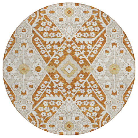 8' Orange Beige And Gold Round Floral Washable Indoor Outdoor Area Rug