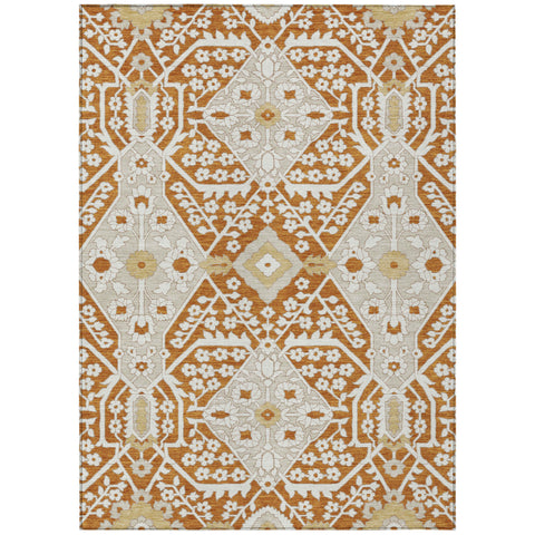 8' X 10' Orange Beige And Gold Floral Washable Indoor Outdoor Area Rug