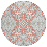 8' Salmon Gray And Taupe Round Floral Washable Indoor Outdoor Area Rug