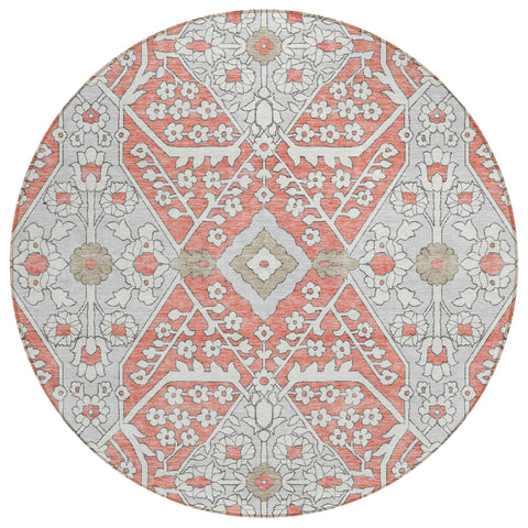 8' Salmon Gray And Taupe Round Floral Washable Indoor Outdoor Area Rug