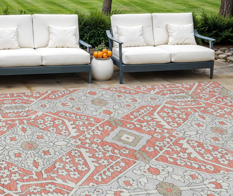 8' X 10' Salmon Gray And Taupe Floral Washable Indoor Outdoor Area Rug