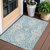 3' X 5' Teal Blue Gray And Beige Floral Washable Indoor Outdoor Area Rug