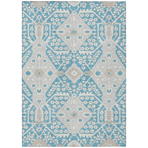 5' X 8' Teal Blue Gray And Beige Floral Washable Indoor Outdoor Area Rug