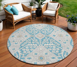 8' Teal Blue Gray And Beige Round Floral Washable Indoor Outdoor Area Rug