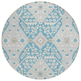 8' Teal Blue Gray And Beige Round Floral Washable Indoor Outdoor Area Rug