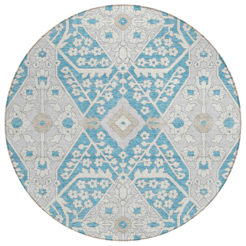 8' Teal Blue Gray And Beige Round Floral Washable Indoor Outdoor Area Rug