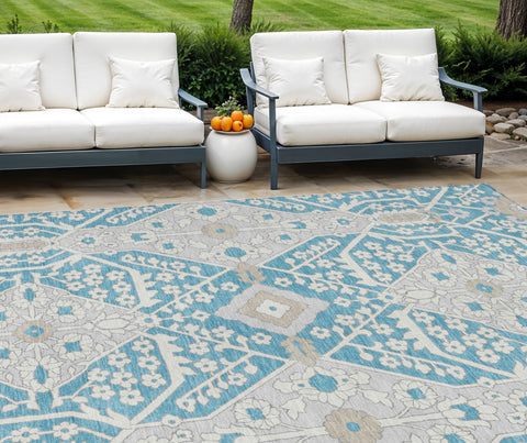 8' X 10' Teal Blue Gray And Beige Floral Washable Indoor Outdoor Area Rug