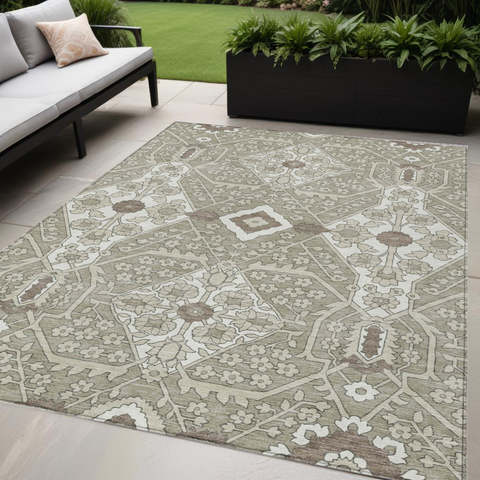 5' X 8' Taupe Beige And Ivory Floral Washable Indoor Outdoor Area Rug