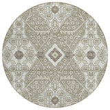 8' Taupe Beige And Ivory Round Floral Washable Indoor Outdoor Area Rug