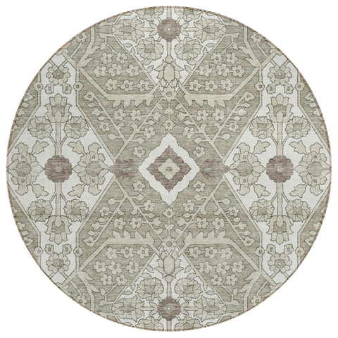 8' Taupe Beige And Ivory Round Floral Washable Indoor Outdoor Area Rug