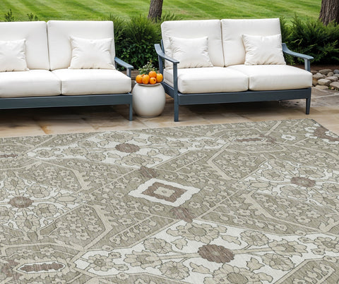 8' X 10' Taupe Beige And Ivory Floral Washable Indoor Outdoor Area Rug