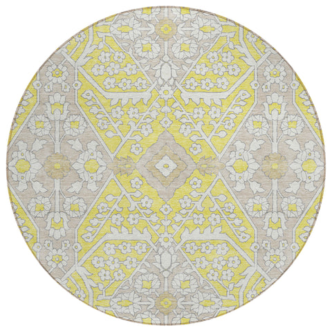 8' Yellow Ivory And Beige Round Floral Washable Indoor Outdoor Area Rug