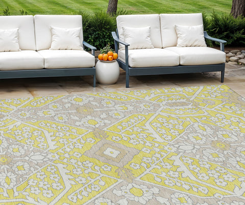 8' X 10' Yellow Ivory And Beige Floral Washable Indoor Outdoor Area Rug