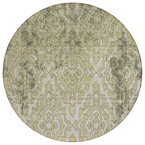 8' Artichoke Green And Beige Round Medallion Washable Indoor Outdoor Area Rug